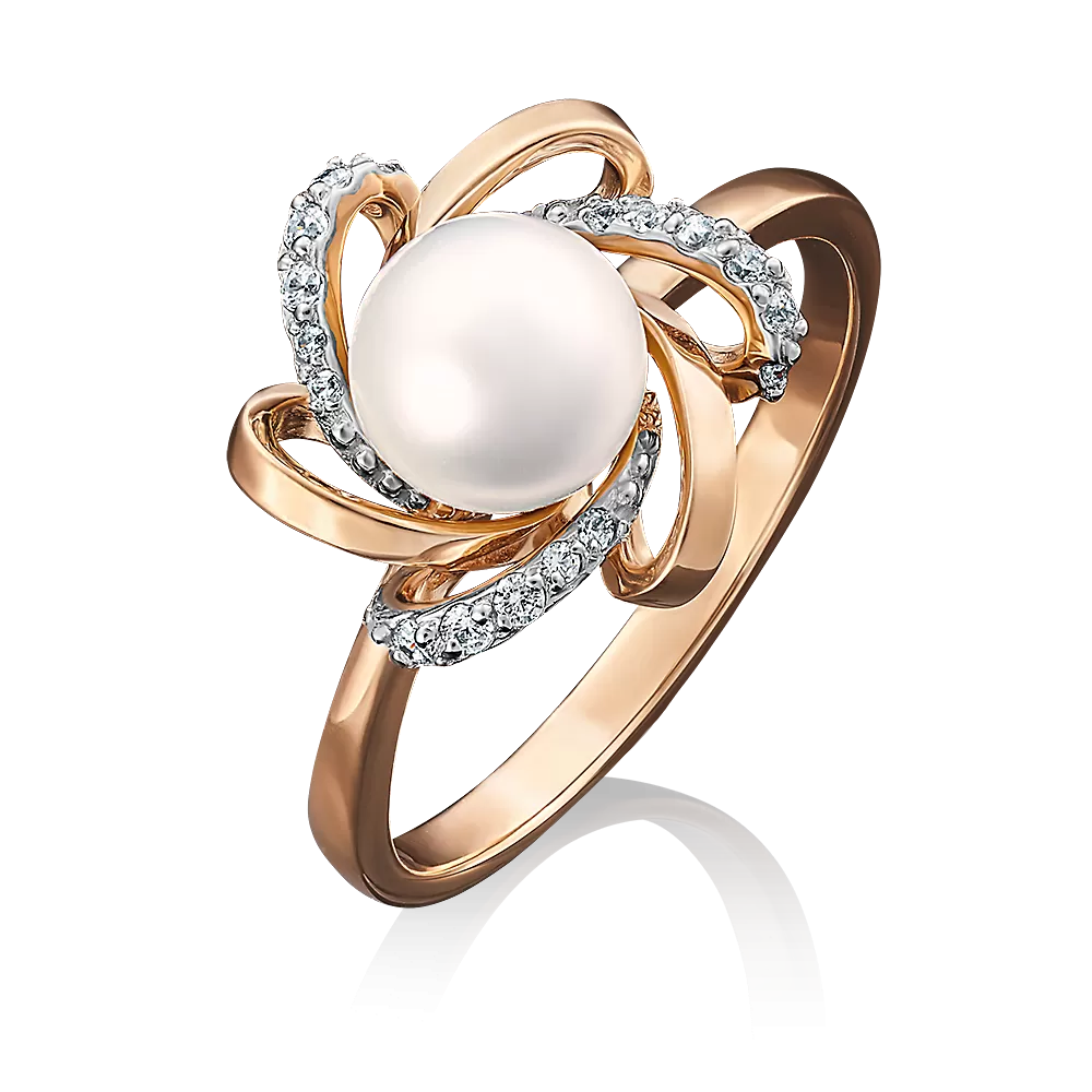 Кольцо из красного золота с жемчугом культивированным и фианитами 01-4470-00-302-1110-03