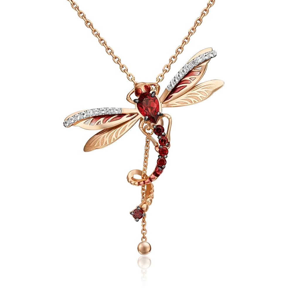 Подвеска «Стрекоза» из красного золота с гранатами, натуральными топазами white и эмалью 03-3071-00-264-1110-57