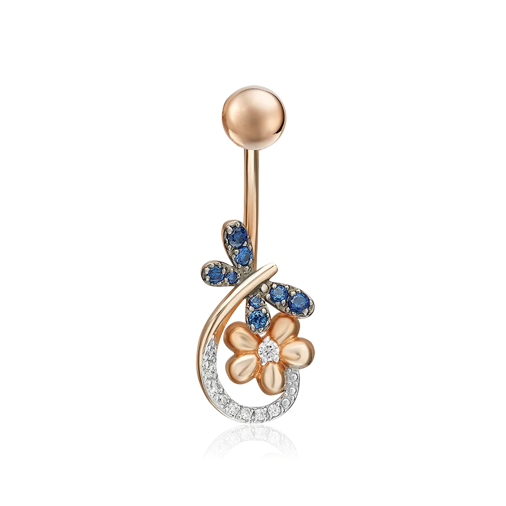 Пирсинг в пупок «Стрекоза» из красного золота с фианитами 06-3306-00-404-1110-03