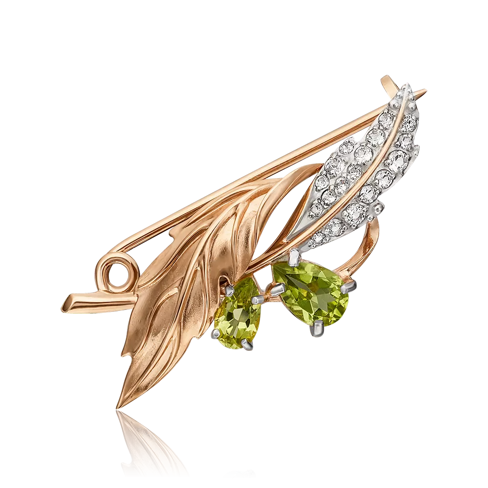 Брошь «Листья» из красного золота с хризолитами и натуральными топазами white 04-0238-00-243-1110-46