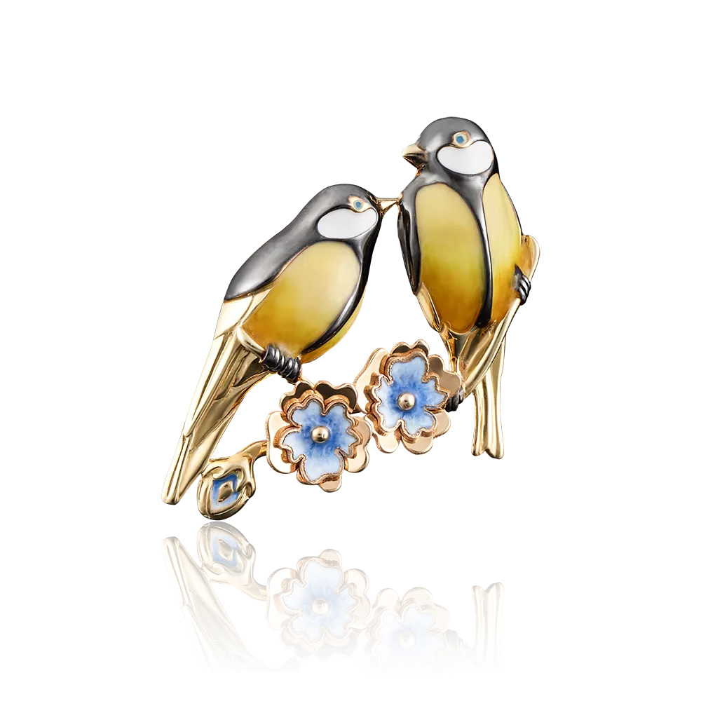 Брошь «Синички» из лимонного золота с эмалью 04-0156-00-000-1130-48