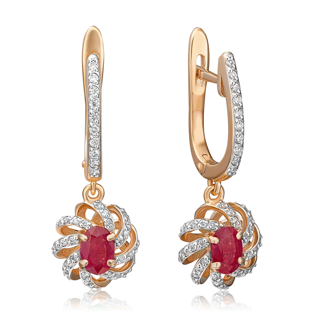 Серьги с английским замком из красного золота с рубином и бриллиантами 02-0757-00-107-1110-30