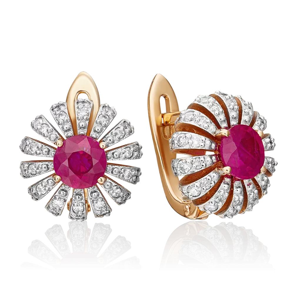 Серьги с английским замком из красного золота с рубином и бриллиантами 02-0759-00-107-1110-30
