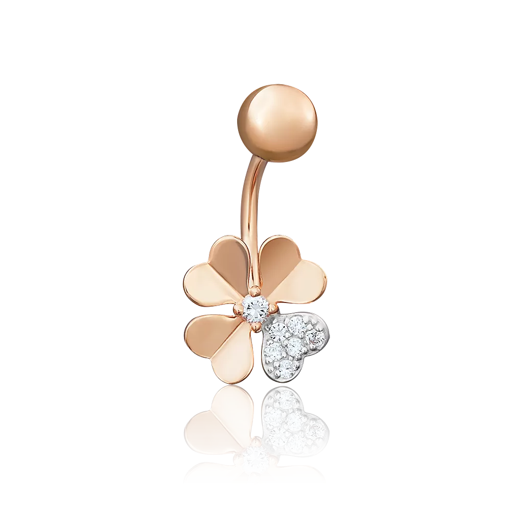 Пирсинг в пупок «Клевер» из красного золота с фианитами 06-3291-00-401-1110-03