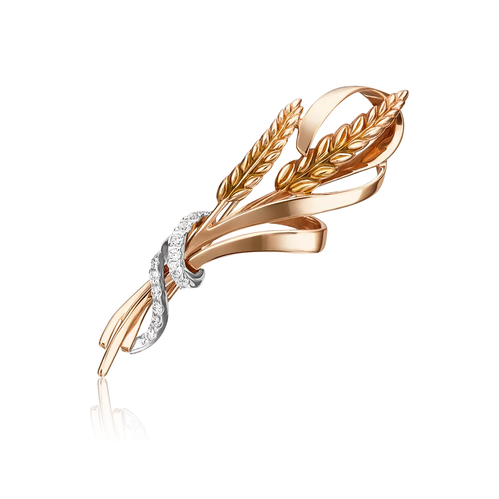 Брошь «Колосья» из комбинированного золота с фианитами и эмалью 04-0212-00-401-1111-03