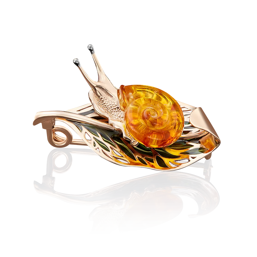 Брошь из красного золота с янтарём и эмалью 04-0155-00-271-1110-46