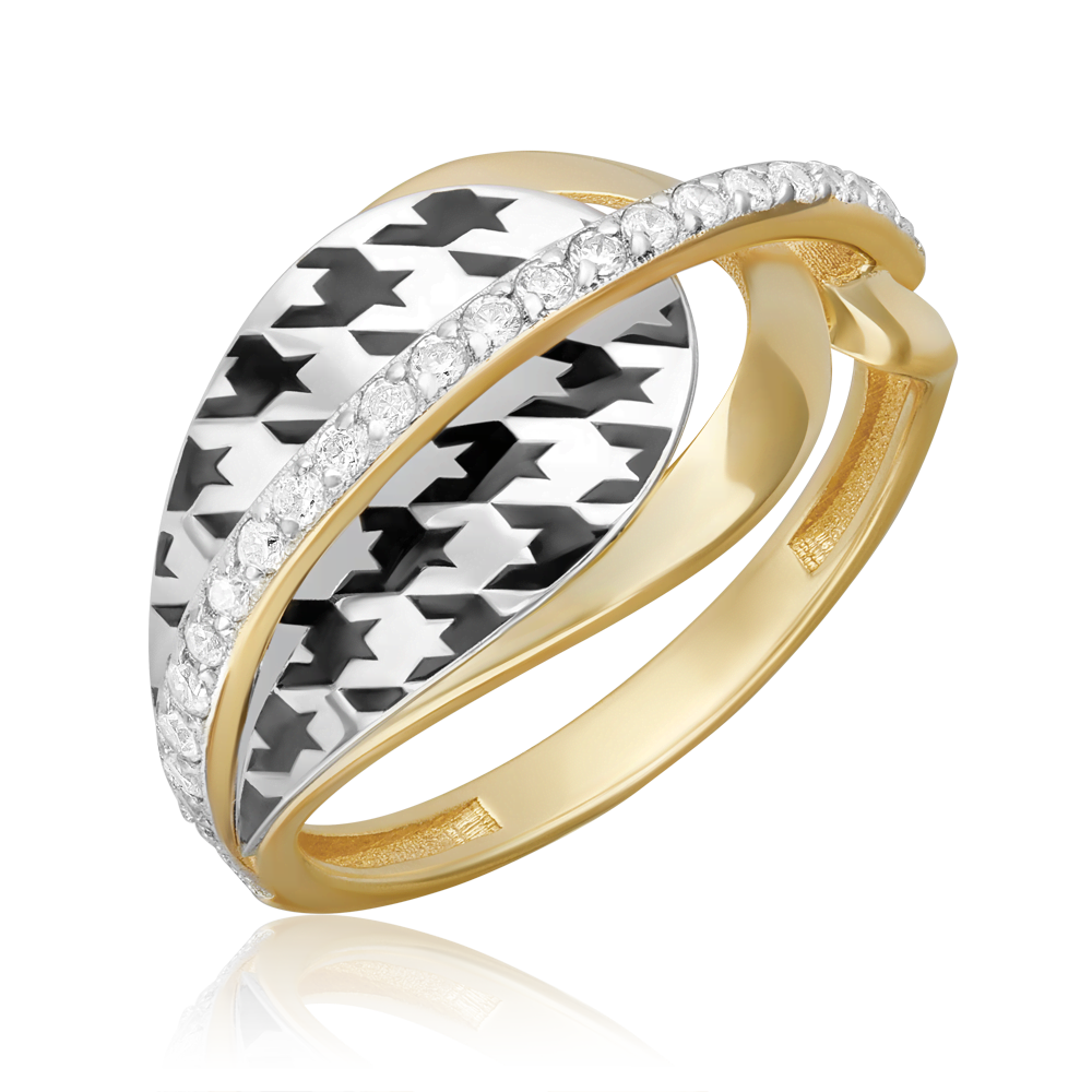 Кольцо с принтом «Гусиная лапка» из комбинированного золота с фианитами и эмалью 01-5718-00-401-1121
