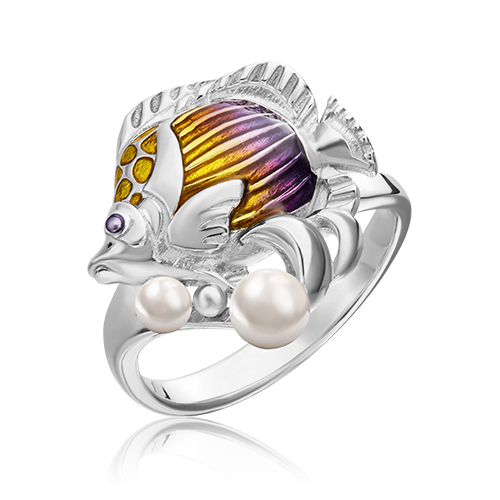 Кольцо «Рыбка» из серебра c жемчугом культивированным и эмалью 01-5488-00-301-0200-68