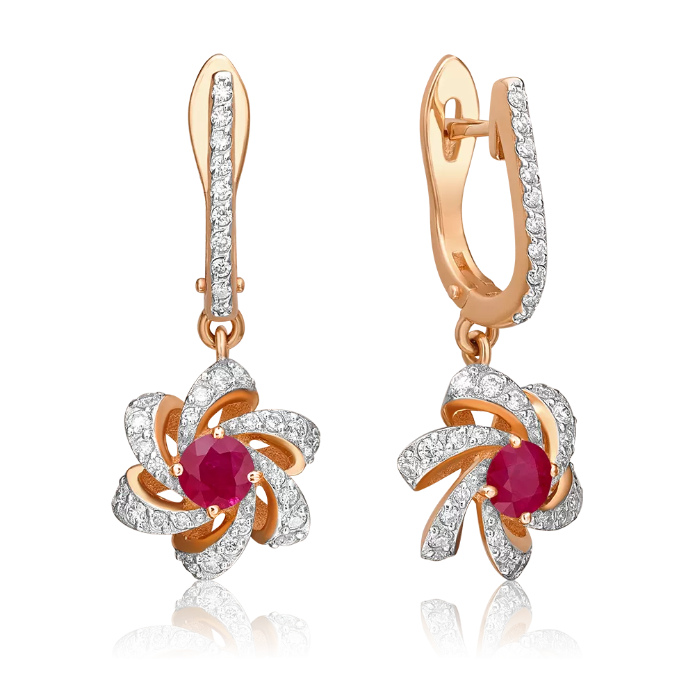 Серьги с английским замком из красного золота с рубином и бриллиантами 02-0773-00-107-1110-30