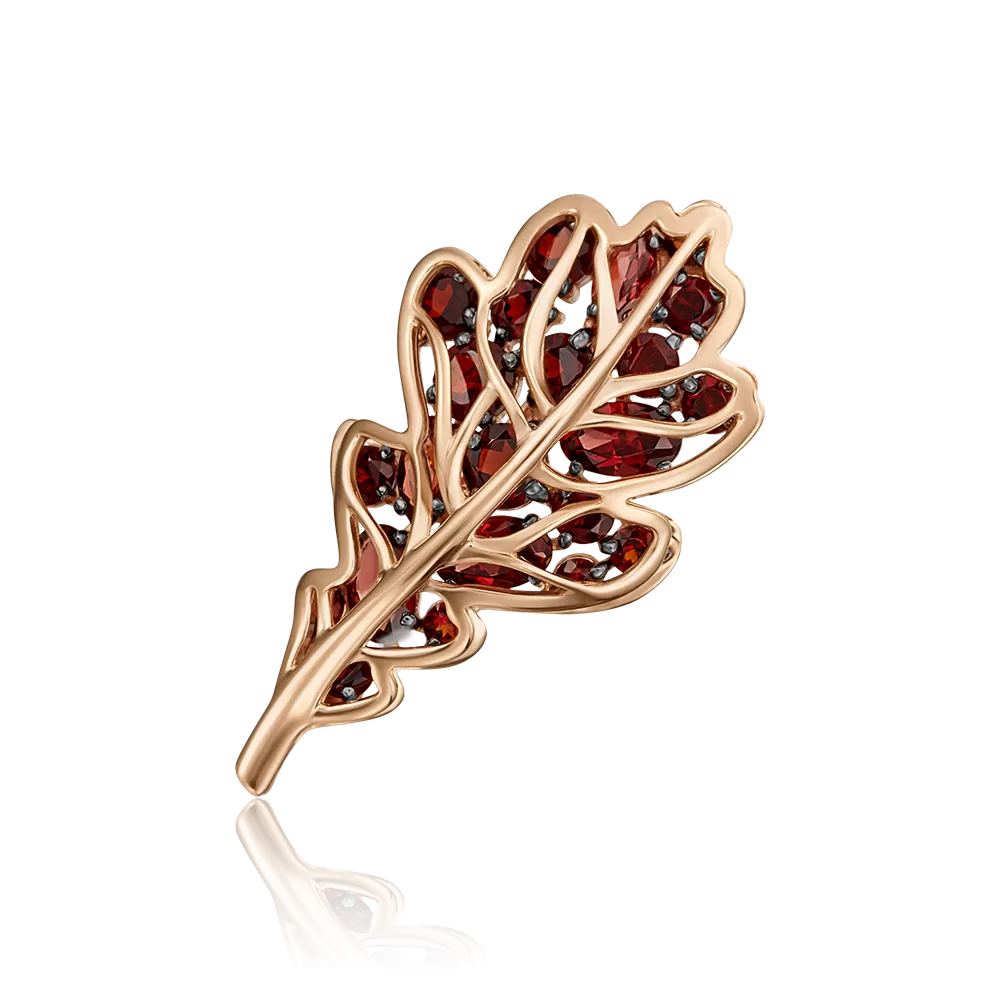 Брошь «Дубовый лист» из красного золота с гранатами 04-0233-00-204-1110-57