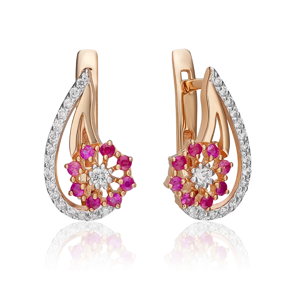 Серьги с английским замком из красного золота с бриллиантами и рубинами 02-0335-00-107-1110-30