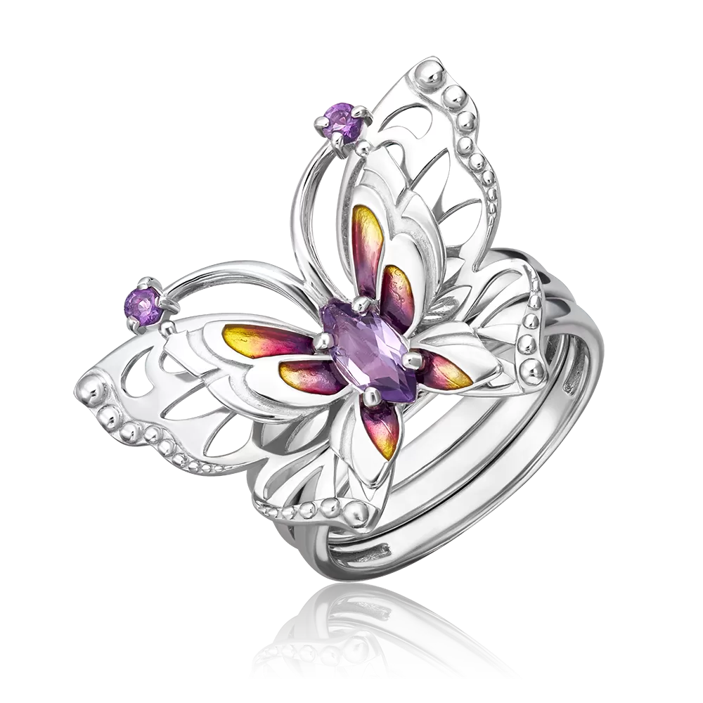 Кольцо «Бабочка Переливница» из серебра с аметистами и эмалью 01-5482-00-203-0200-69