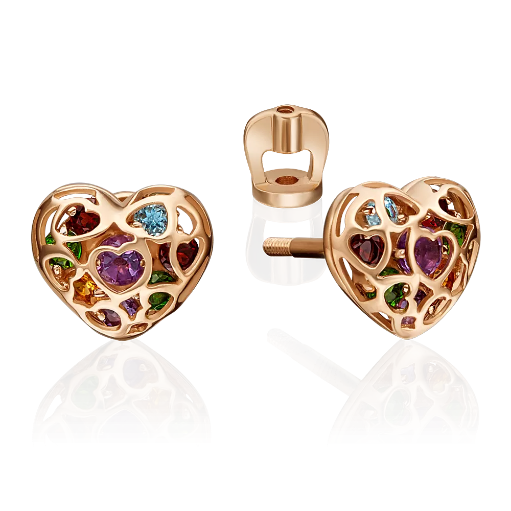 Серьги-пусеты «Сердца» из красного золота с миксом камней 02-4565-00-728-1110-57