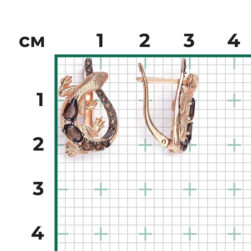 Серьги «Ящерицы» с английским замком из красного золота с кварцем дымчатым  02-5287-00-202-1110 купить в интернет-магазине PLATINA
