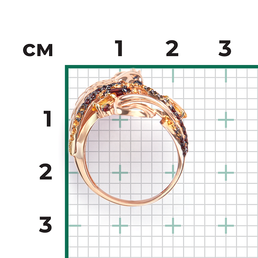 Кольцо «Феникс» из красного золота с гранатами, цитринами и эмалью