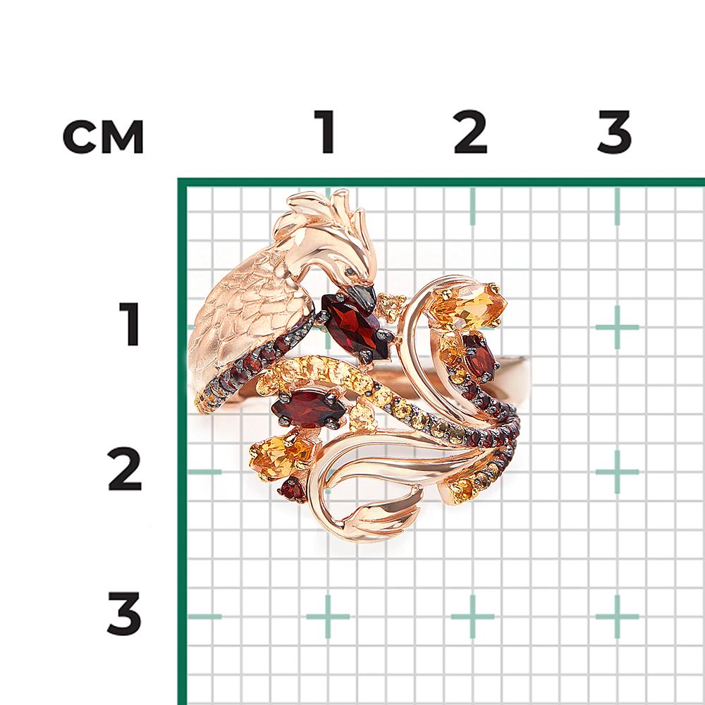 Кольцо «Феникс» из красного золота с гранатами, цитринами и эмалью  01-5776-00-722-1110 купить в интернет-магазине PLATINA