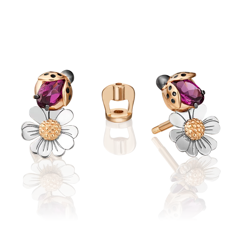 Серьги-пусеты «Драгоценный сад» (пожелание удачи) из комбинированного золота с гранатом и эмалью 02-4701-00-204-1111-75