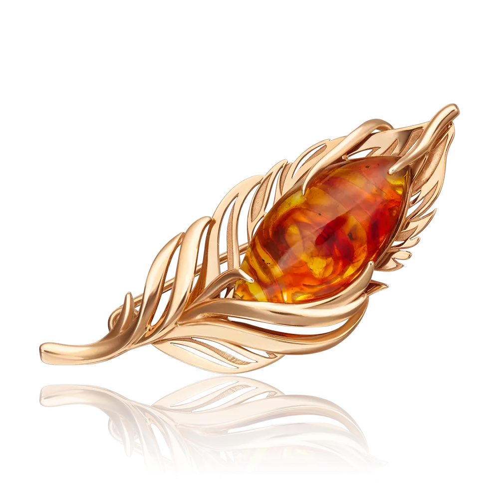 Брошь «Перо» из красного золота с янтарём 04-0217-00-271-1110-46