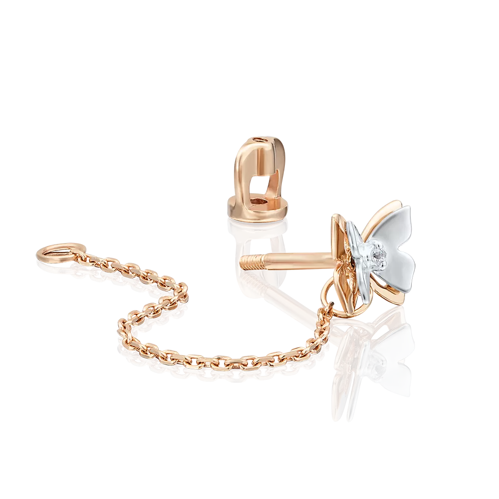 Моносерьга-пусет «Бабочка» из комбинированного золота с фианитом 02-3625-01-401-1111-03