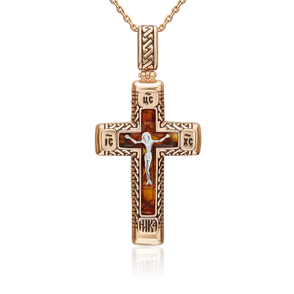 Православный крест из комбинированного золота с янтарём и эмалью 03-2632-00-271-1111-58