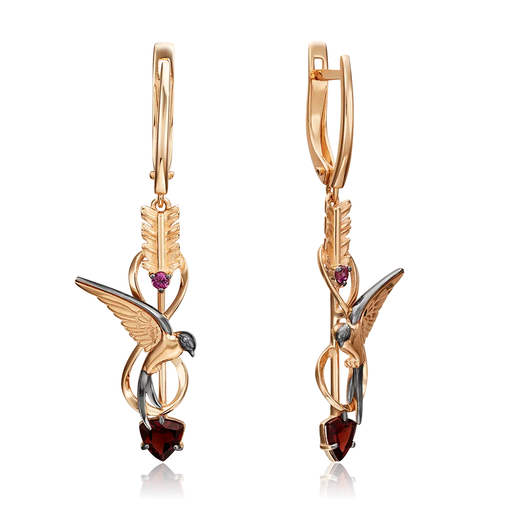 Серьги «Обгоняя время» (пожелание удачи) с английским замком из красного золота с гранатами 02-4696-00-204-1110-76