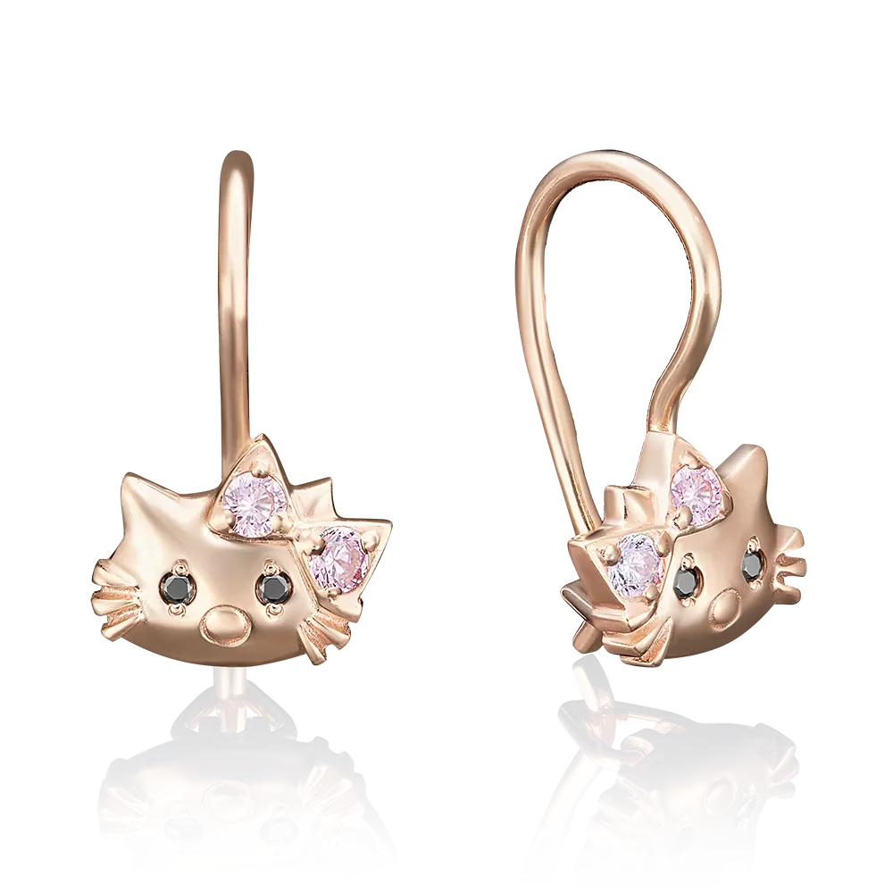 Детские серьги «Котята» с французским замком из красного золота с фианитами 02-2880-00-404-1110-03