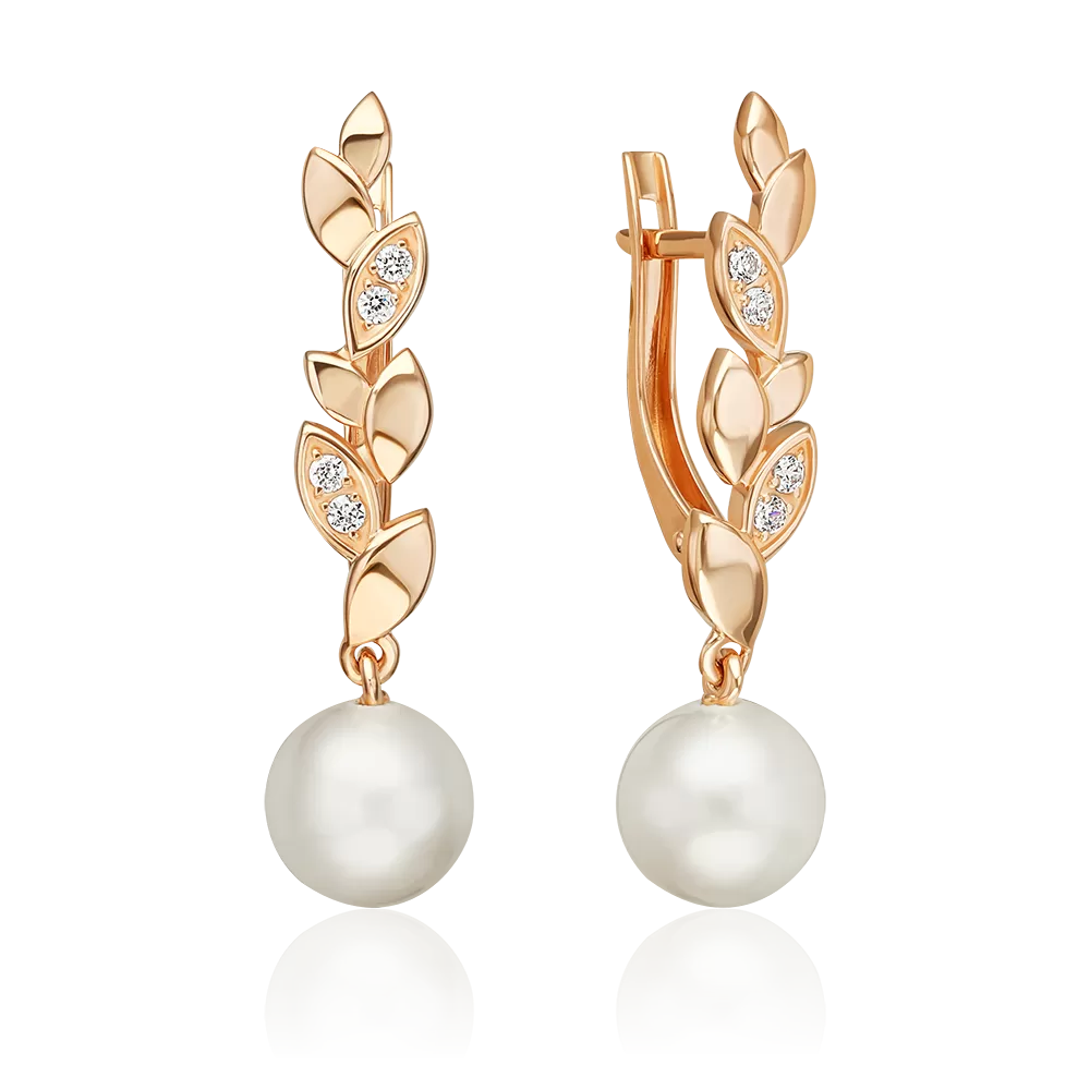 Серьги с английским замком из красного золота с жемчугом культивированным и фианитами 02-5602-00-302-1110