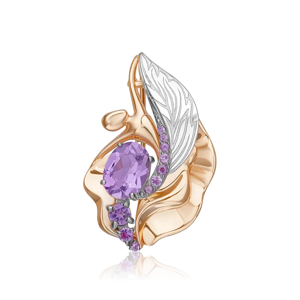 Брошь «Стихия Воздуха» из комбинированного золота с аметистами 04-0288-00-203-1111