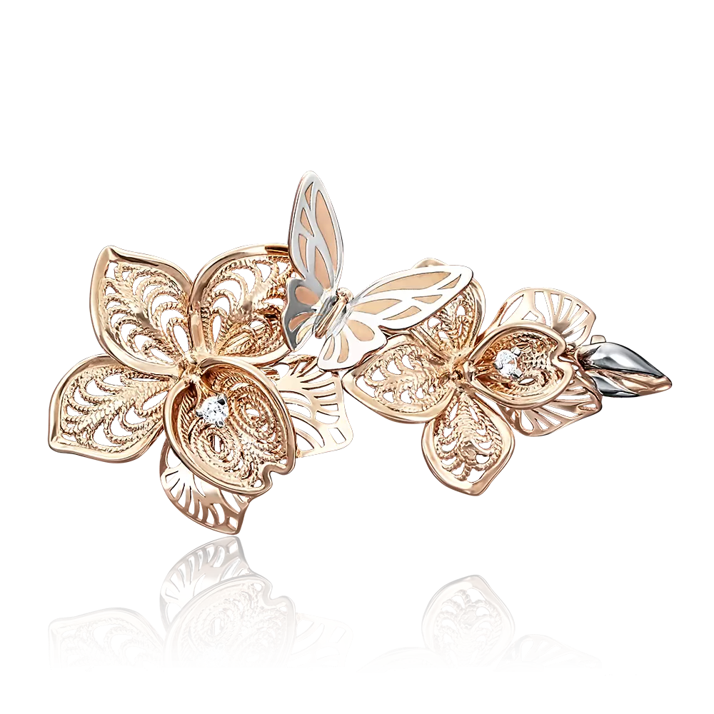 Брошь «Орхидеи» из красного золота с фианитами 04-0168-00-401-1110-48