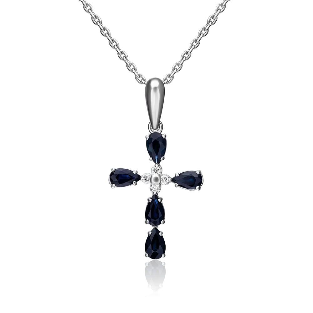 Декоративный крест из белого золота с сапфирами и бриллиантами 03-0063-00-105-1120-30