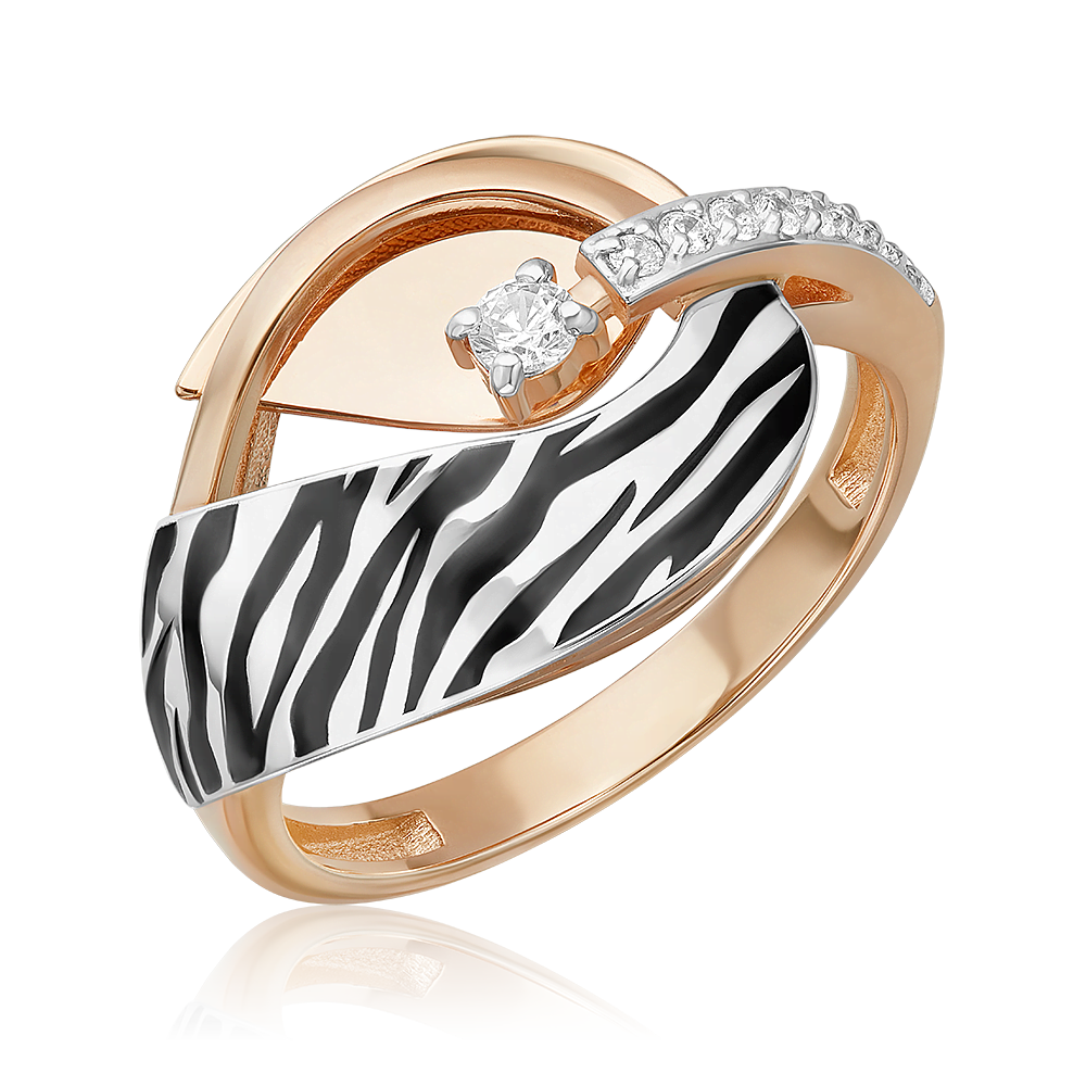 Кольцо с принтом «Зебра» из комбинированного золота с фианитами и эмалью 01-5715-00-401-1111