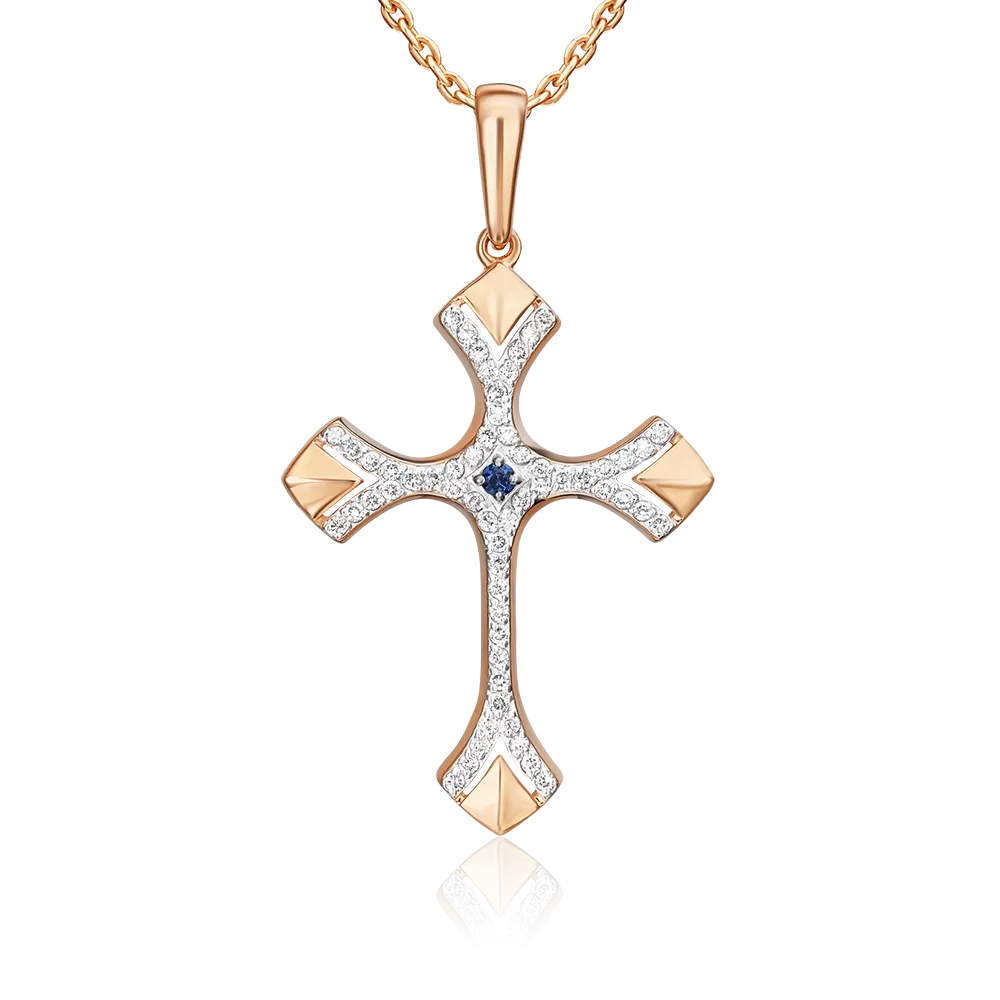 Декоративный крест из красного золота с сапфиром и бриллиантами 03-0474-00-105-1110-30