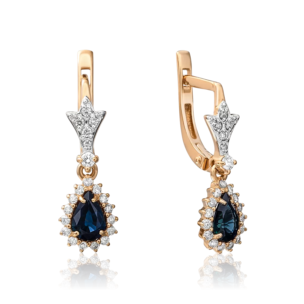 Серьги с английским замком из красного золота с сапфиром и бриллиантами 02-0924-00-105-1110-30