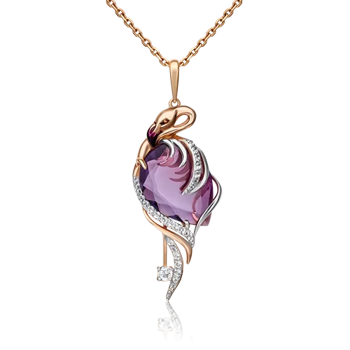 Подвеска «Фламинго» из красного золота с аметистом, натуральными топазами white и эмалью 03-2988-00-225-1110-46