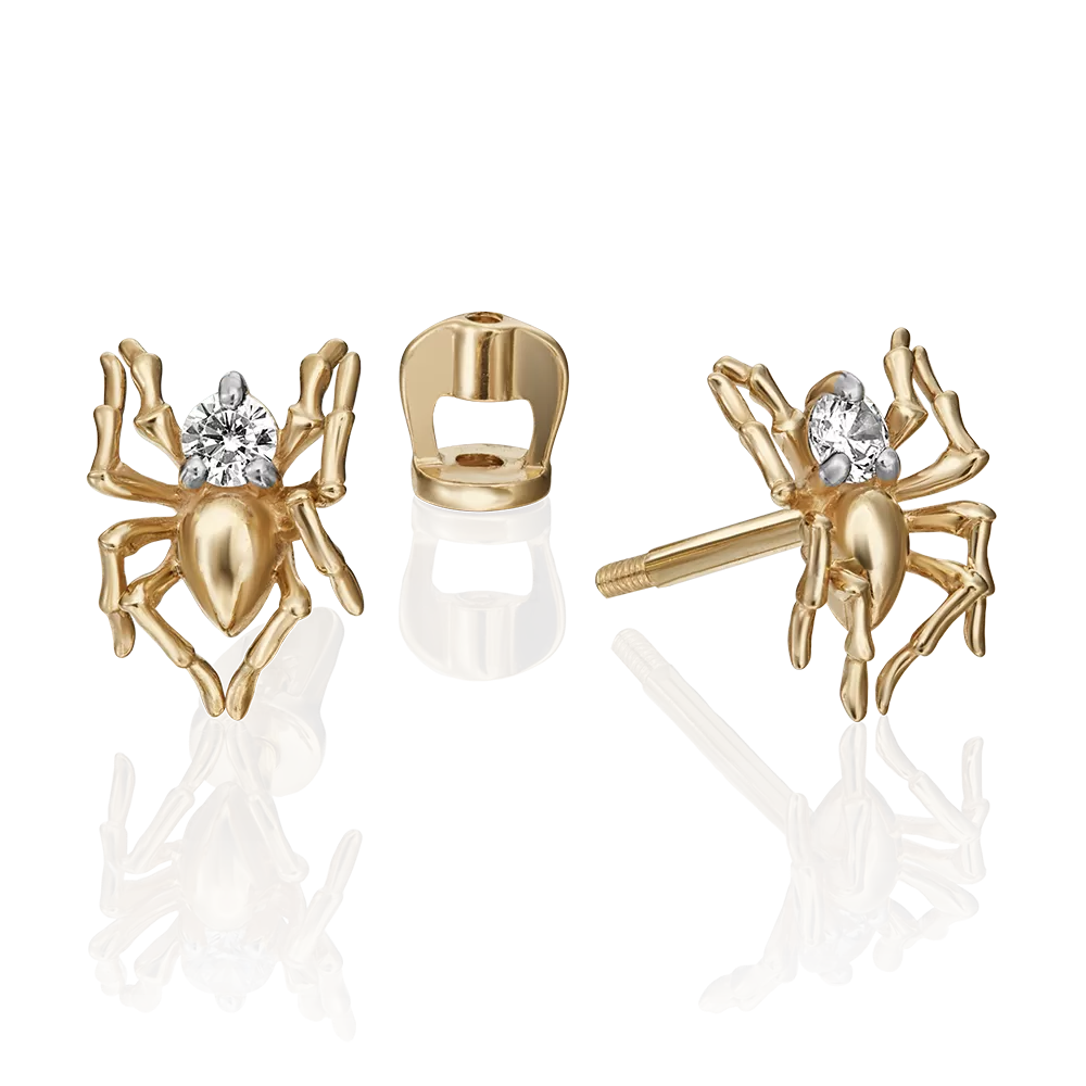 Серьги-пусеты «Пауки» из лимонного золота с фианитом 02-4478-00-401-1130-03
